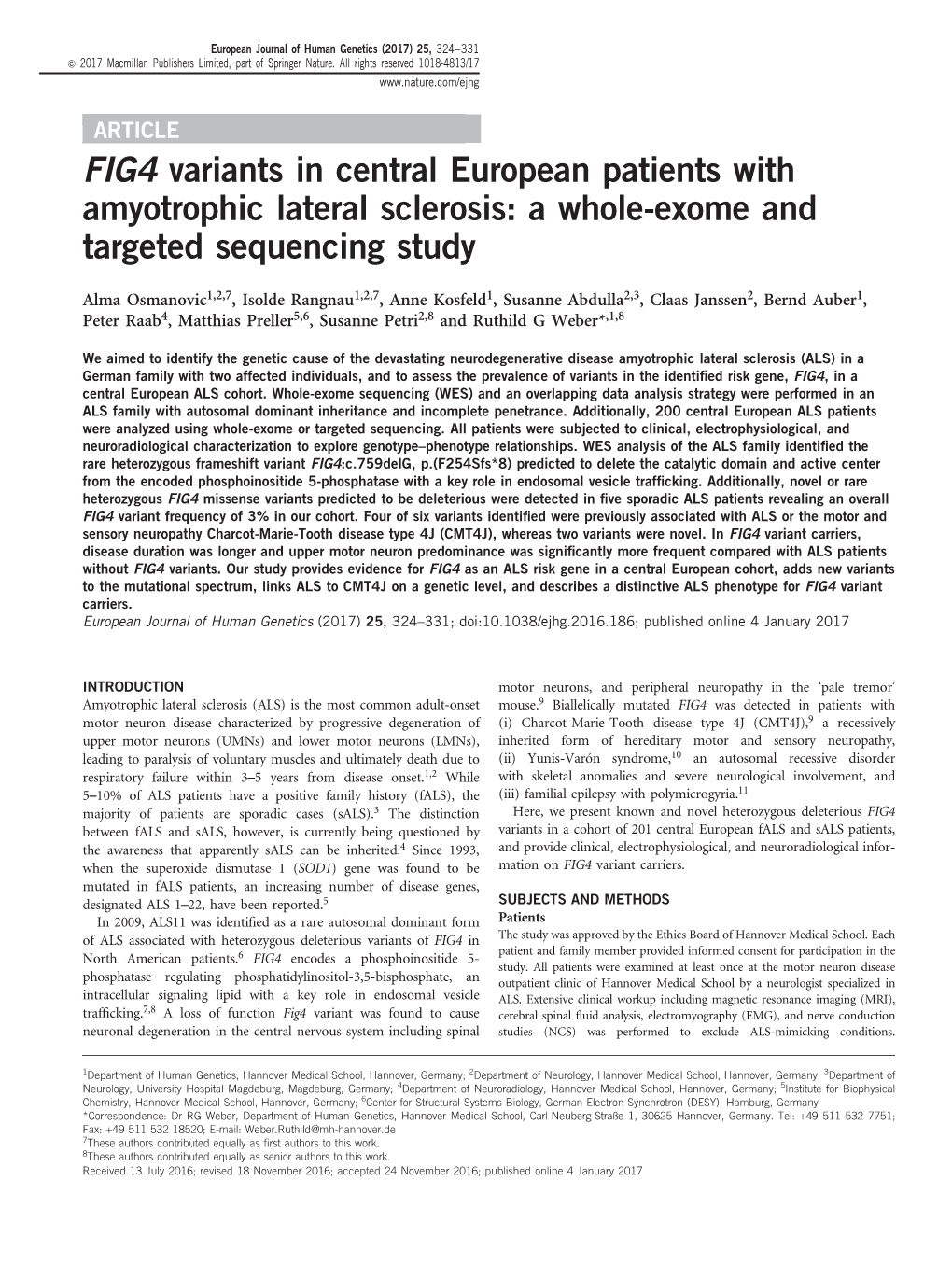 FIG4 Variants in Central European Patients with Amyotrophic Lateral Sclerosis: a Whole-Exome and Targeted Sequencing Study