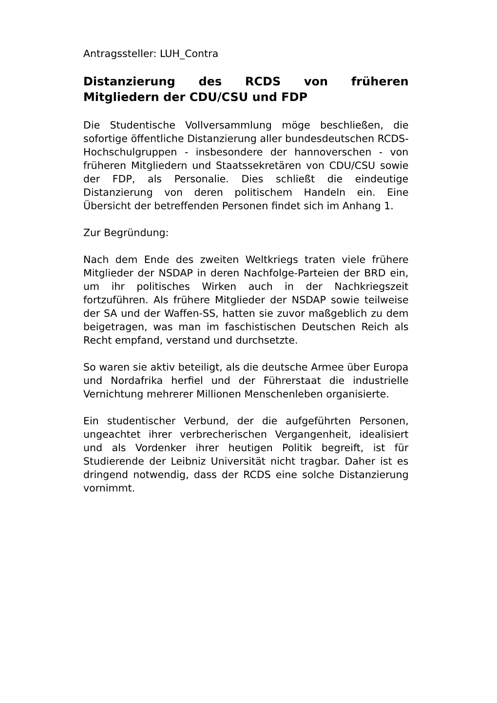 Distanzierung Des RCDS Von Früheren Mitgliedern Der CDU/CSU Und FDP
