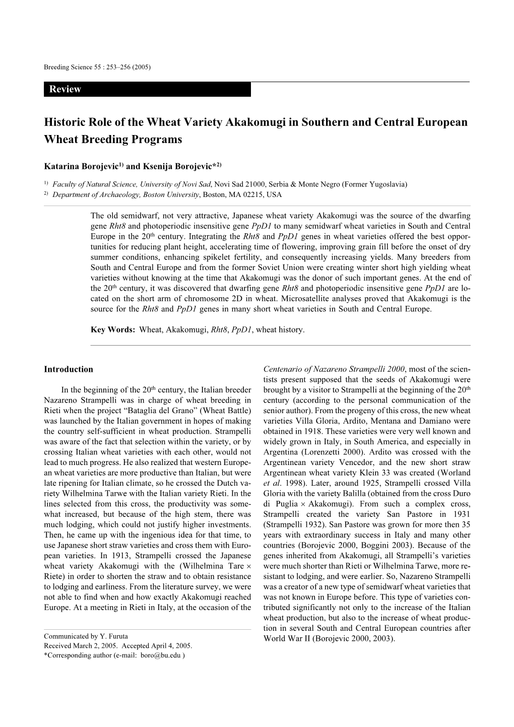 Historic Role of the Wheat Variety Akakomugi in Southern and Central European Wheat Breeding Programs