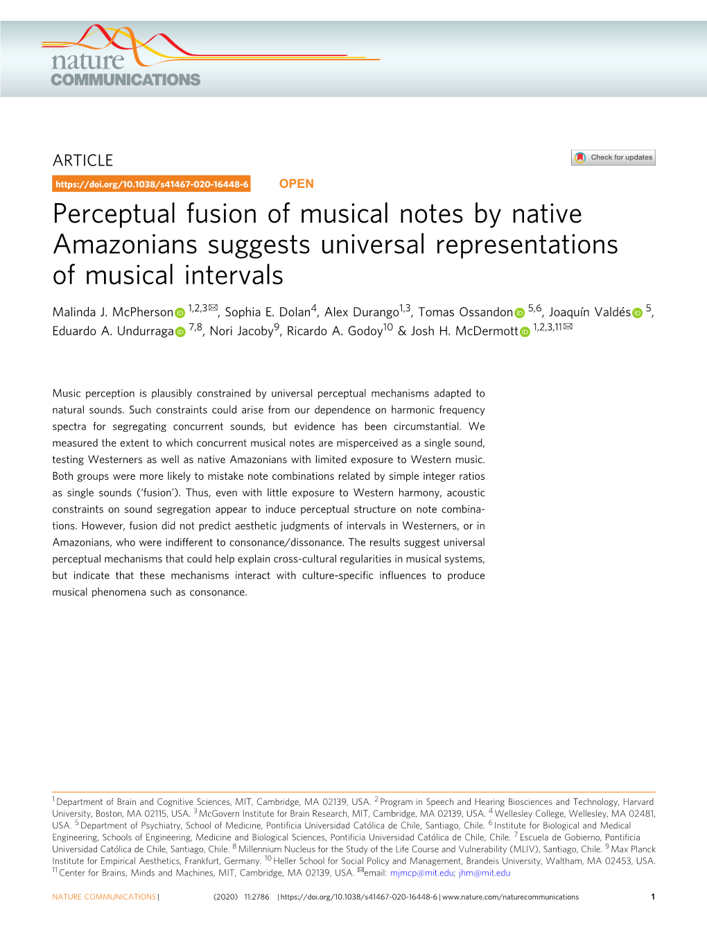 Perceptual Fusion of Musical Notes by Native Amazonians Suggests Universal Representations of Musical Intervals ✉ Malinda J