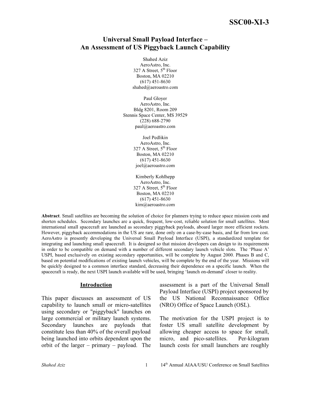 Universal Small Payload Interface – an Assessment of US Piggyback Launch Capability