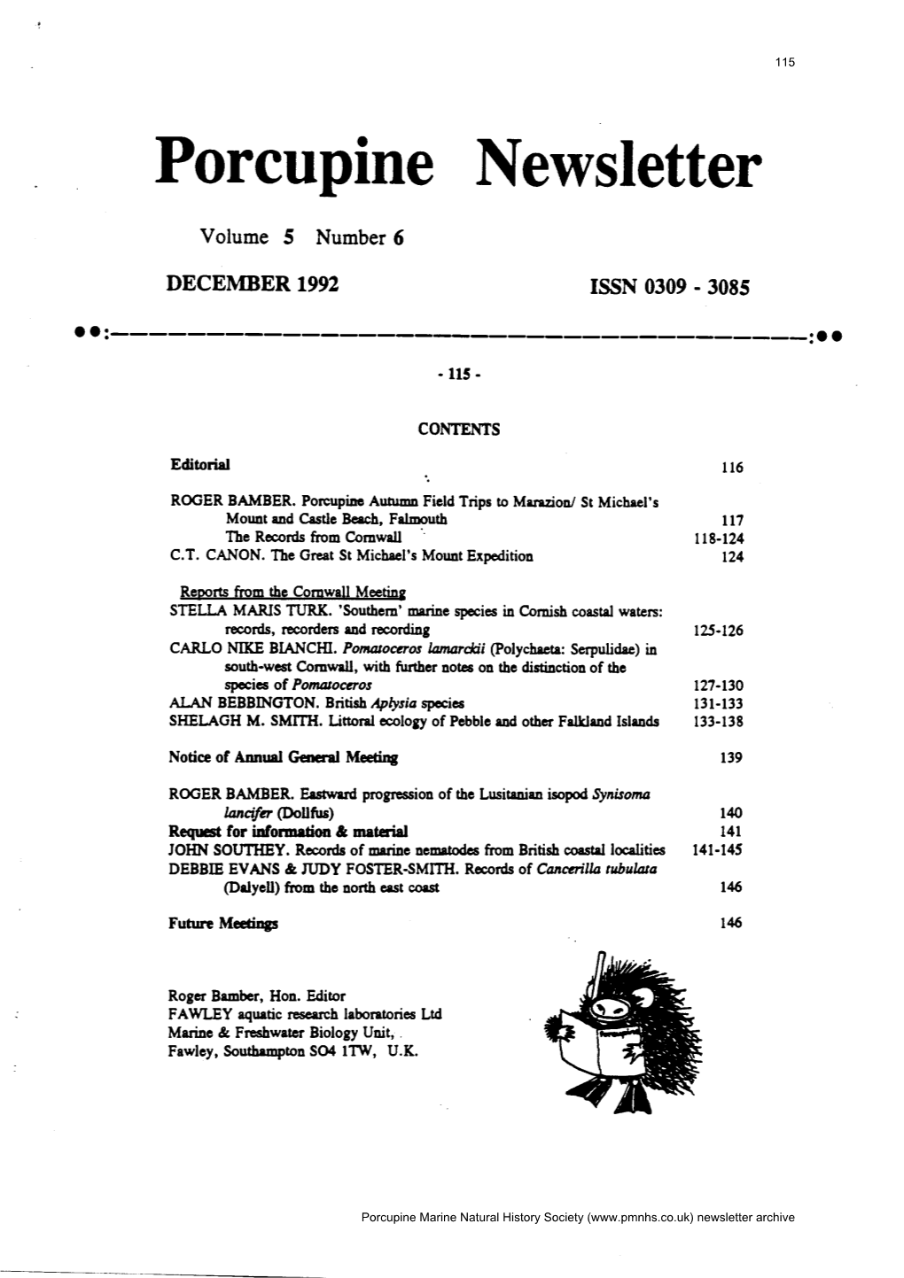 Porcupine Newsletter Volume 5, Number 6, December 1992