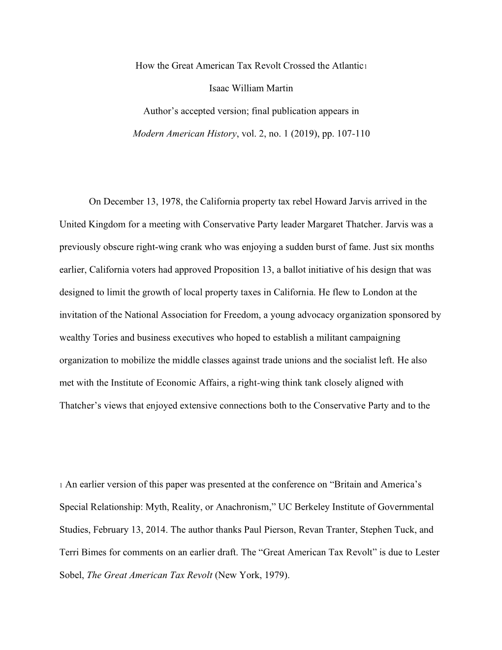 How the Great American Tax Revolt Crossed the Atlantic1 Isaac William Martin Author's Accepted Version