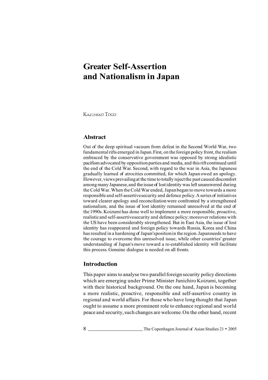 Greater Self-Assertion and Nationalism in Japan