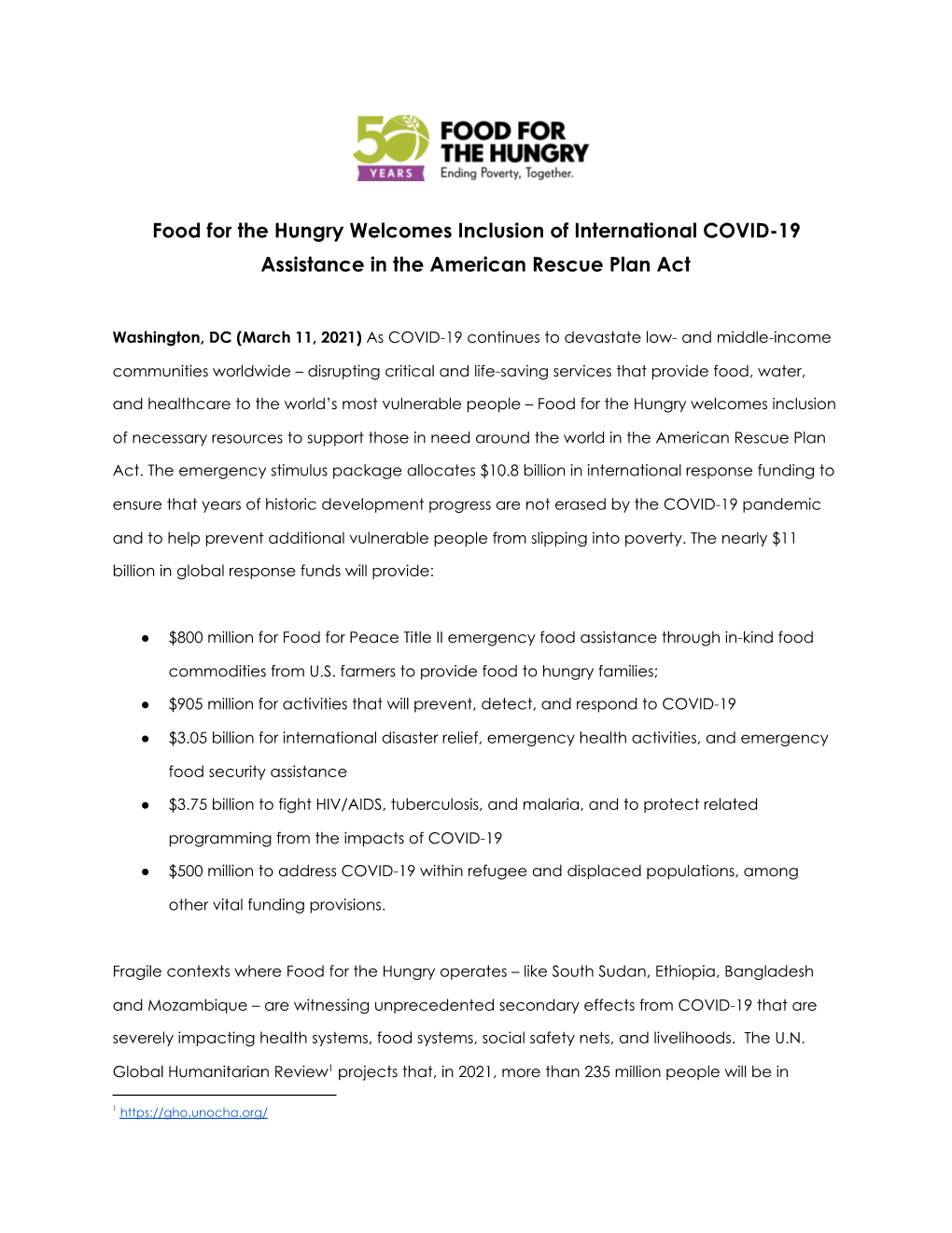 Food for the Hungry Welcomes Inclusion of International COVID-19 Assistance in the American Rescue Plan Act