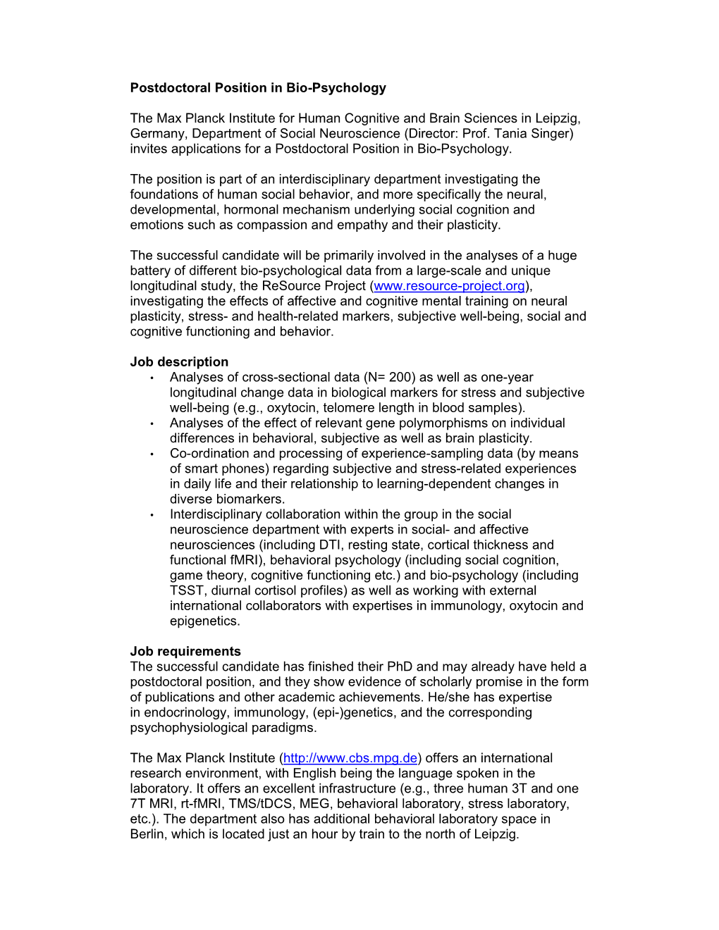 Postdoctoral Position in Bio-Psychology