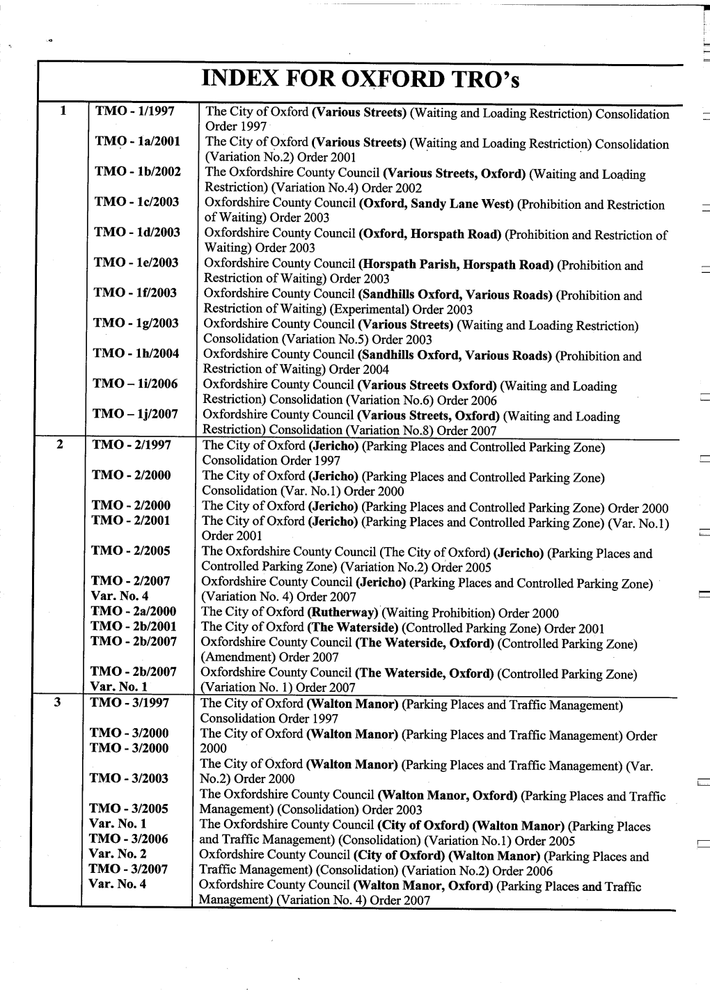 INDEX for OXFORD TRO's