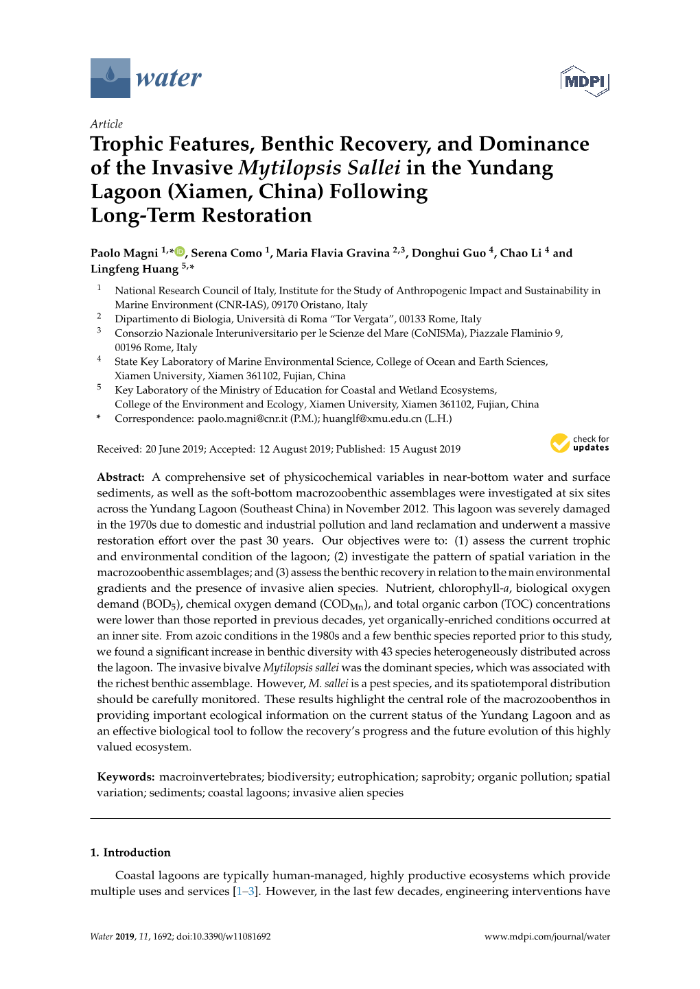 Trophic Features, Benthic Recovery, and Dominance of the Invasive Mytilopsis Sallei in the Yundang Lagoon (Xiamen, China) Following Long-Term Restoration
