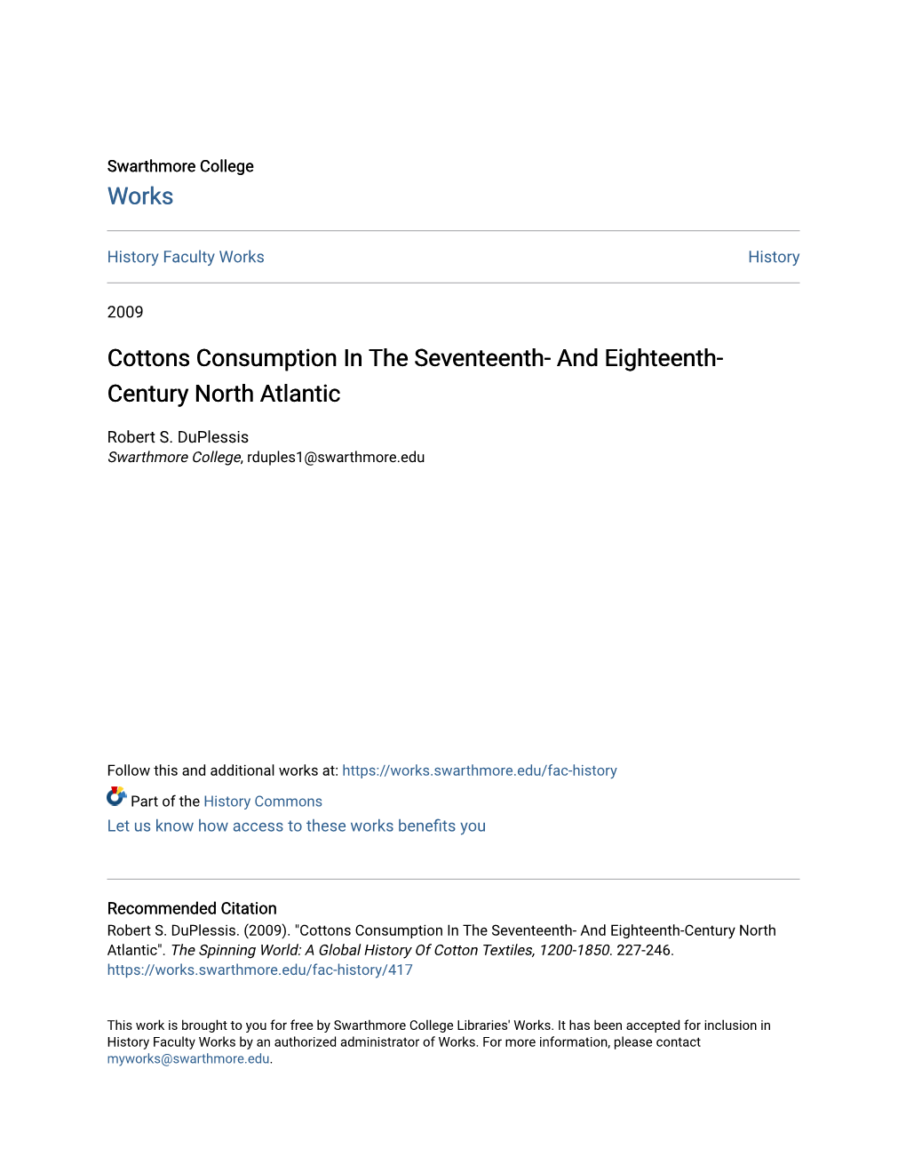 Cottons Consumption in the Seventeenth- and Eighteenth-Century North Atlantic