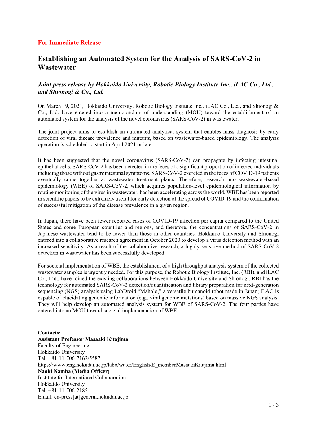 Establishing an Automated System for the Analysis of SARS-Cov-2 in Wastewater