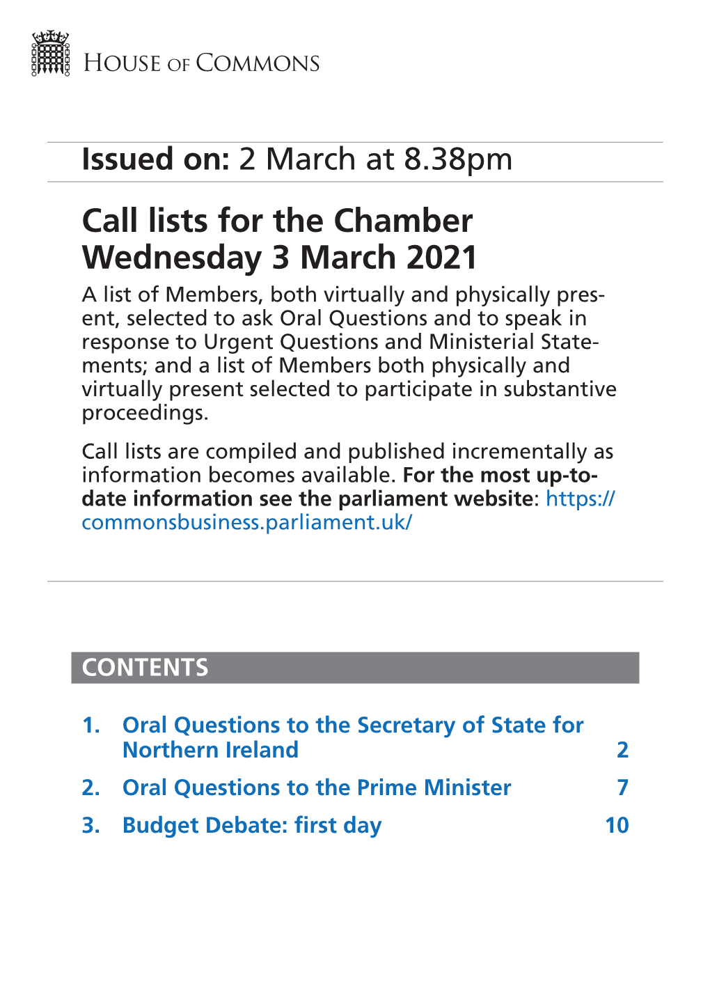 Call Lists for the Chamber Wednesday 3 March 2021