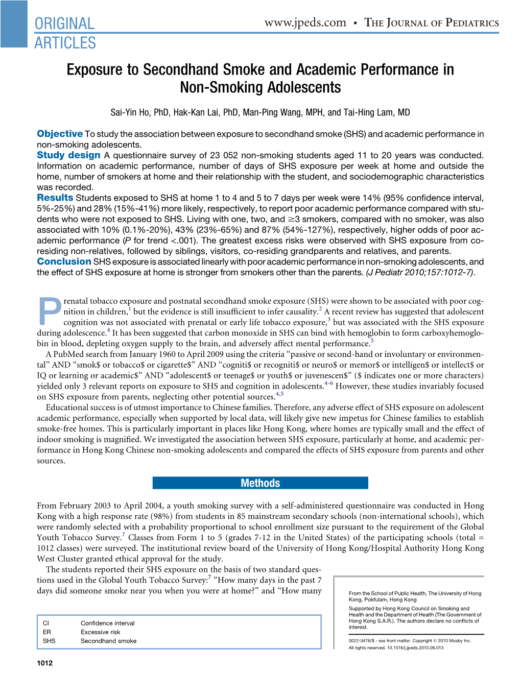 Exposure to Secondhand Smoke and Academic Performance in Non-Smoking Adolescents