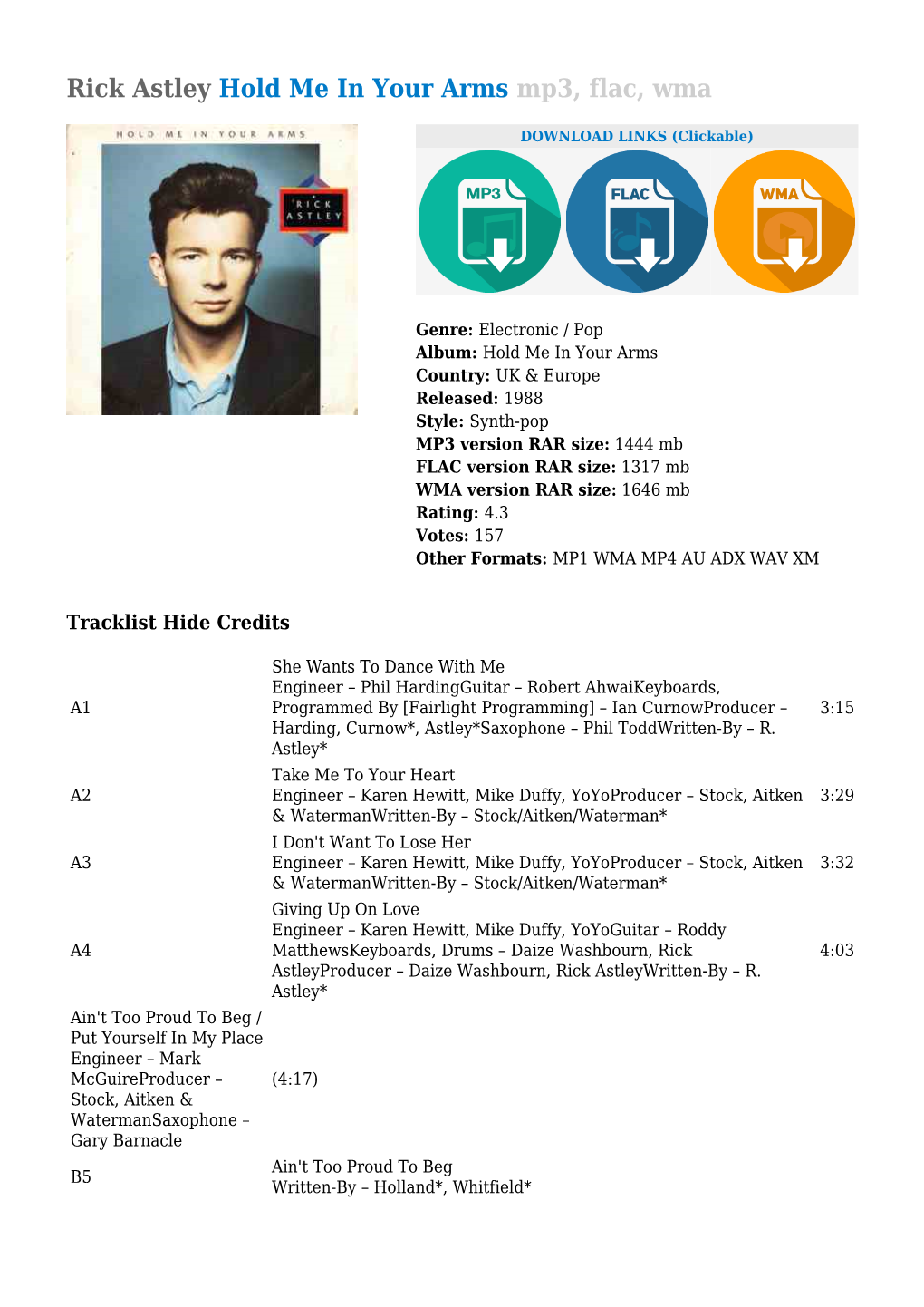 Rick Astley Hold Me in Your Arms Mp3, Flac, Wma