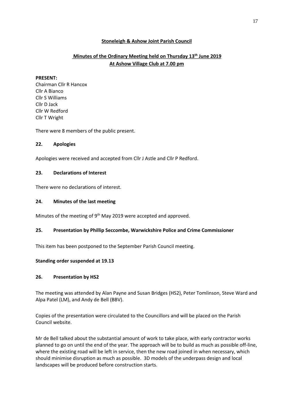 Stoneleigh & Ashow Joint Parish Council Minutes of the Ordinary Meeting Held on Thursday 13Th June 2019 at Ashow Village