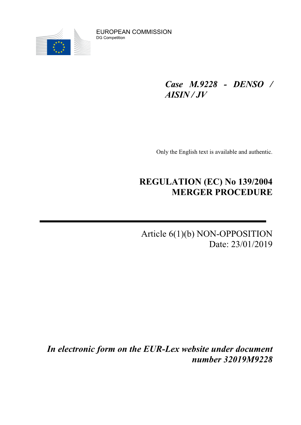 Case M.9228 - DENSO / AISIN / JV