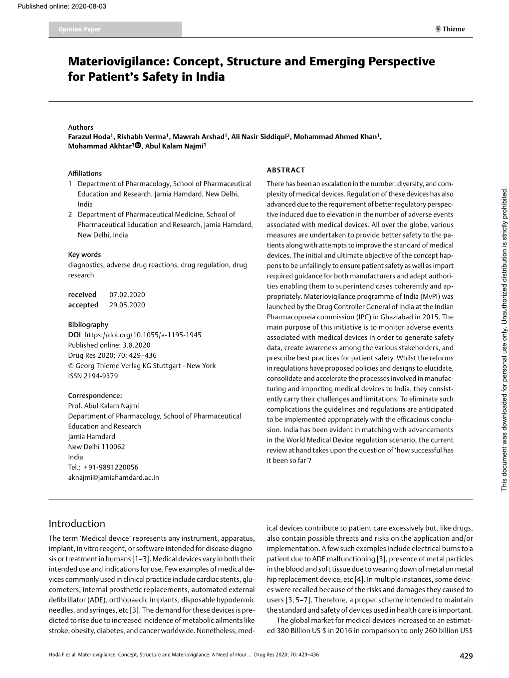 Materiovigilance: Concept, Structure and Emerging Perspective for Patient’S Safety in India