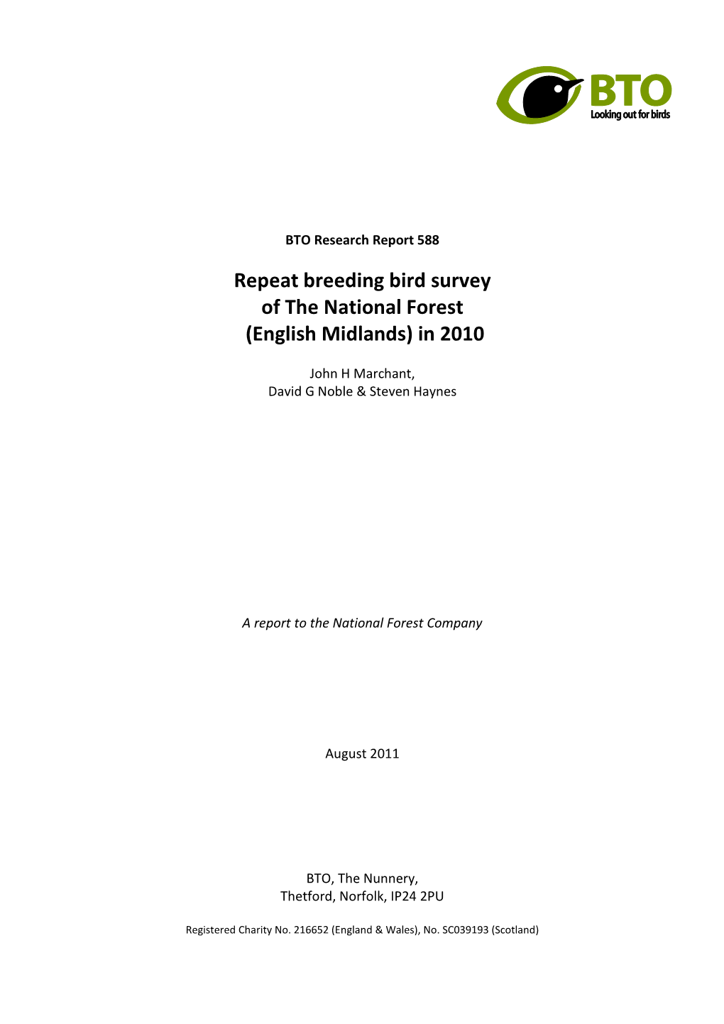 Repeat Breeding Bird Survey of the National Forest (English Midlands) in 2010