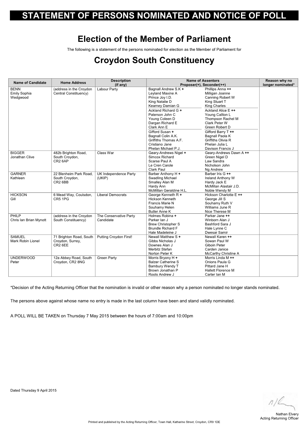 Statement of Persons Nominated and Notice of Poll