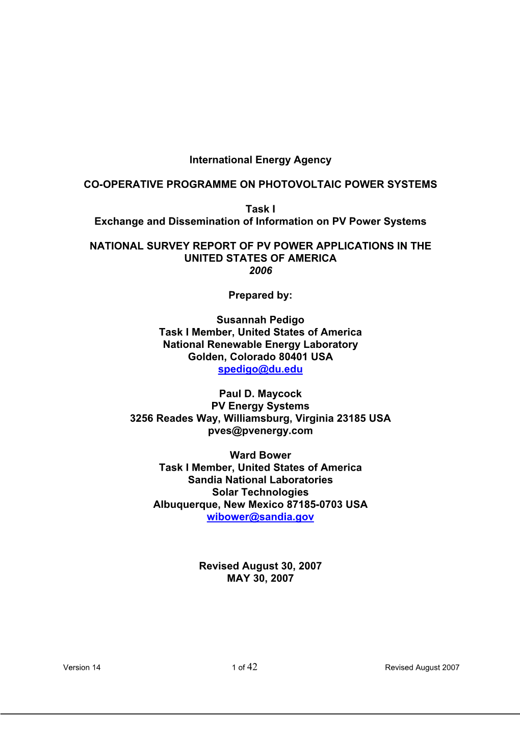 International Energy Agency CO-OPERATIVE PROGRAMME ON