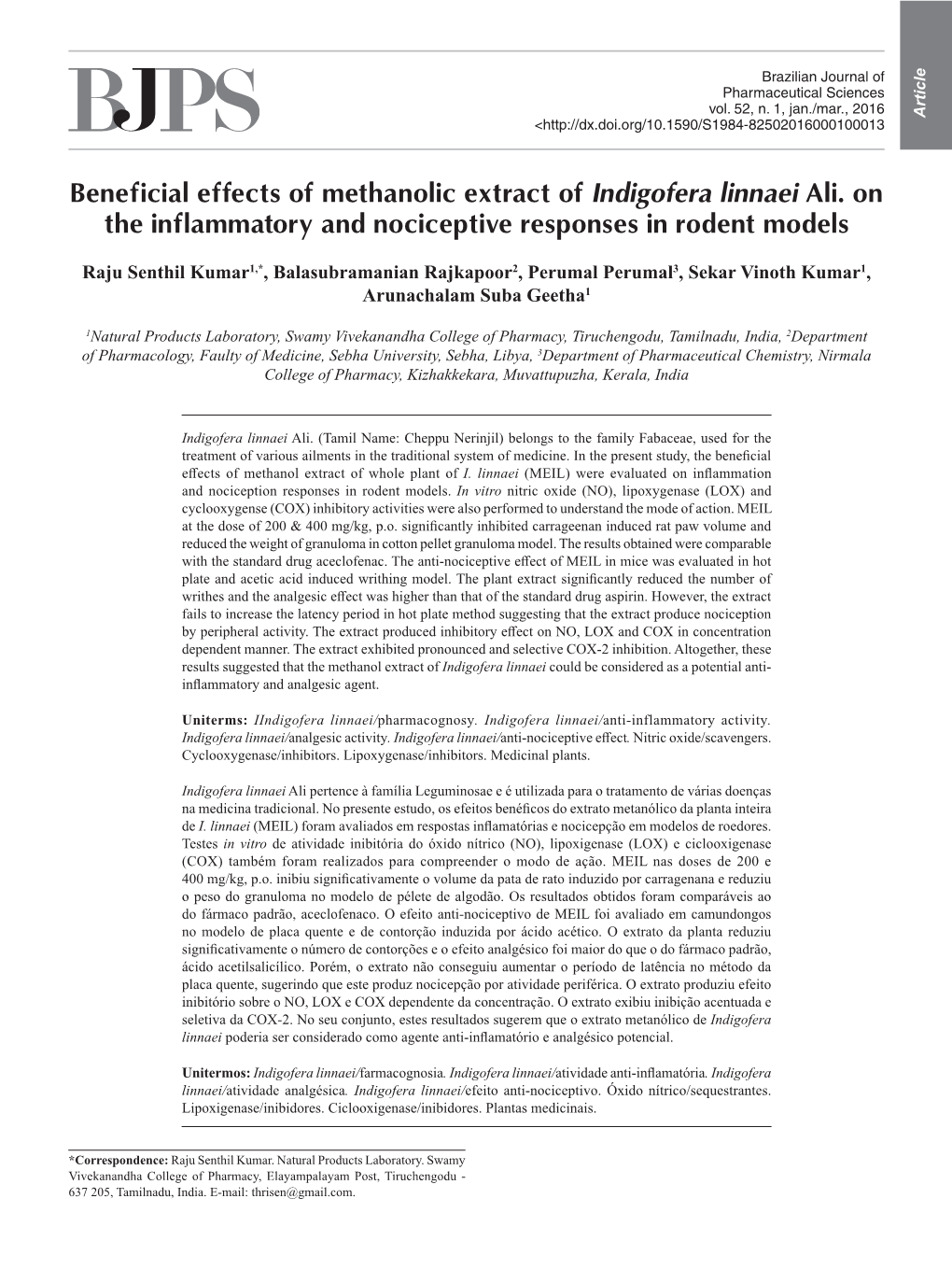 Beneficial Effects of Methanolic Extract of Indigofera Linnaei Ali. on The