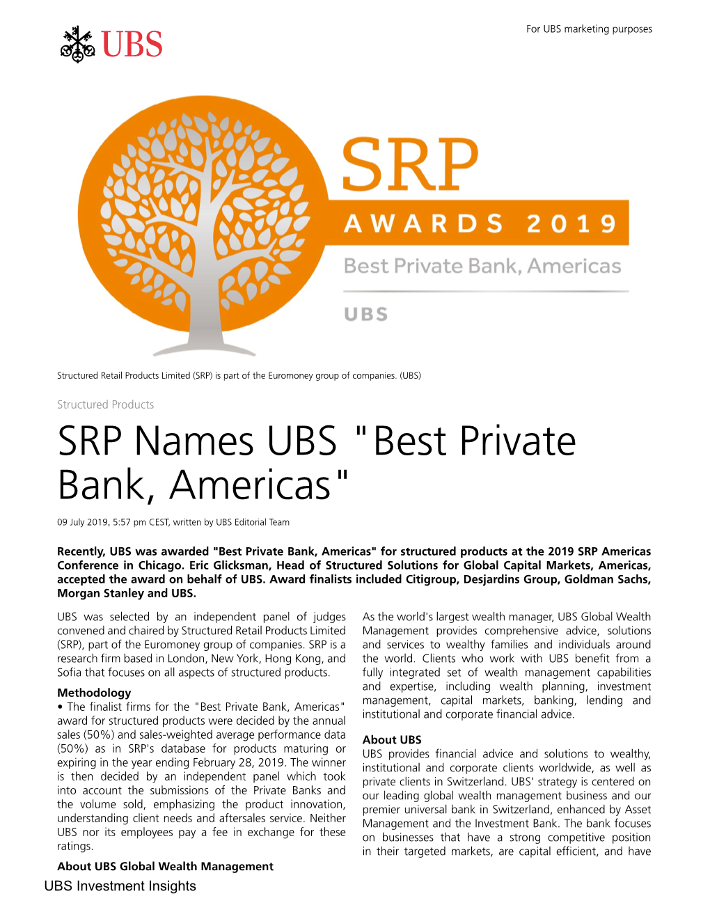 SRP Names UBS "Best Private Bank, Americas"