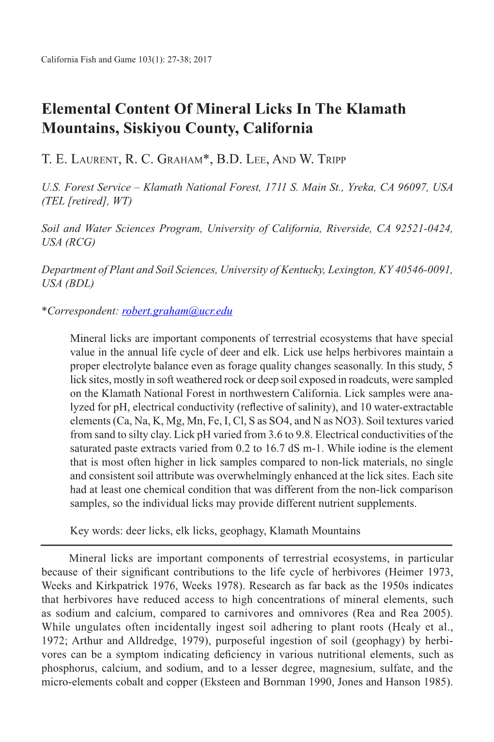 Elemental Content of Mineral Licks in the Klamath Mountains, Siskiyou County, California