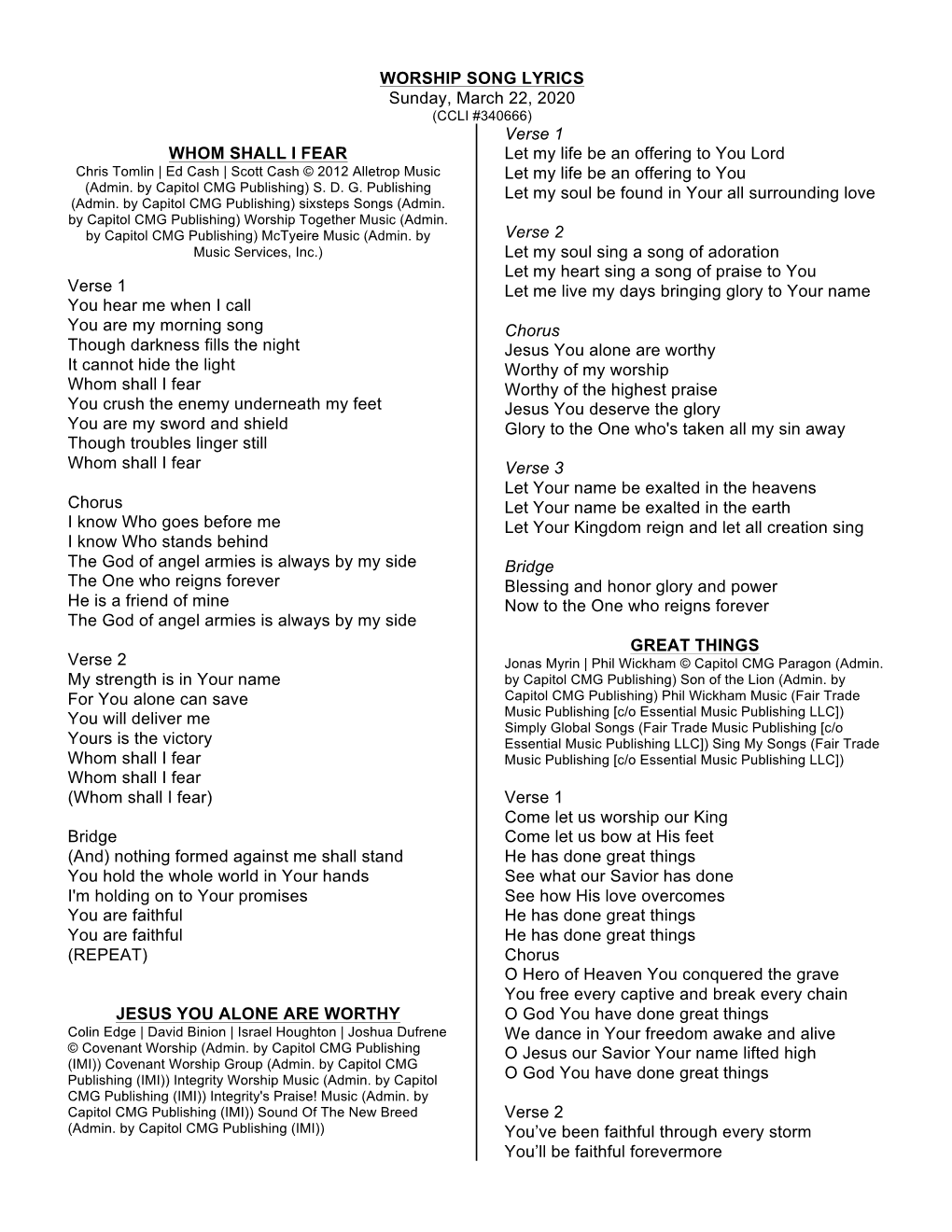 WORSHIP SONG LYRICS Sunday, March 22, 2020 WHOM SHALL I