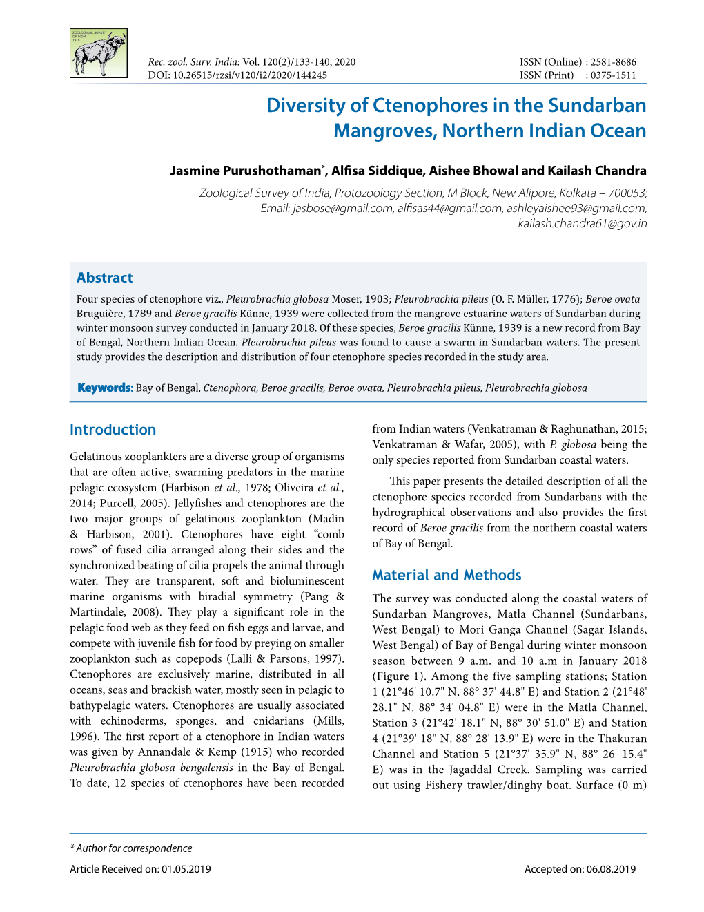 Diversity of Ctenophores in the Sundarban Mangroves, Northern Indian Ocean