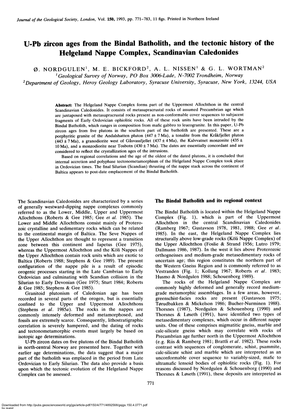 U-Pb Zircon Ages from the Bindal Batholith, and the Tectonic History of the Helgeland Nappe Complex, Scandinavian Caledonides