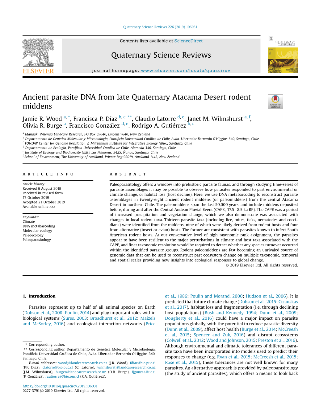 Ancient Parasite DNA from Late Quaternary Atacama Desert Rodent Middens