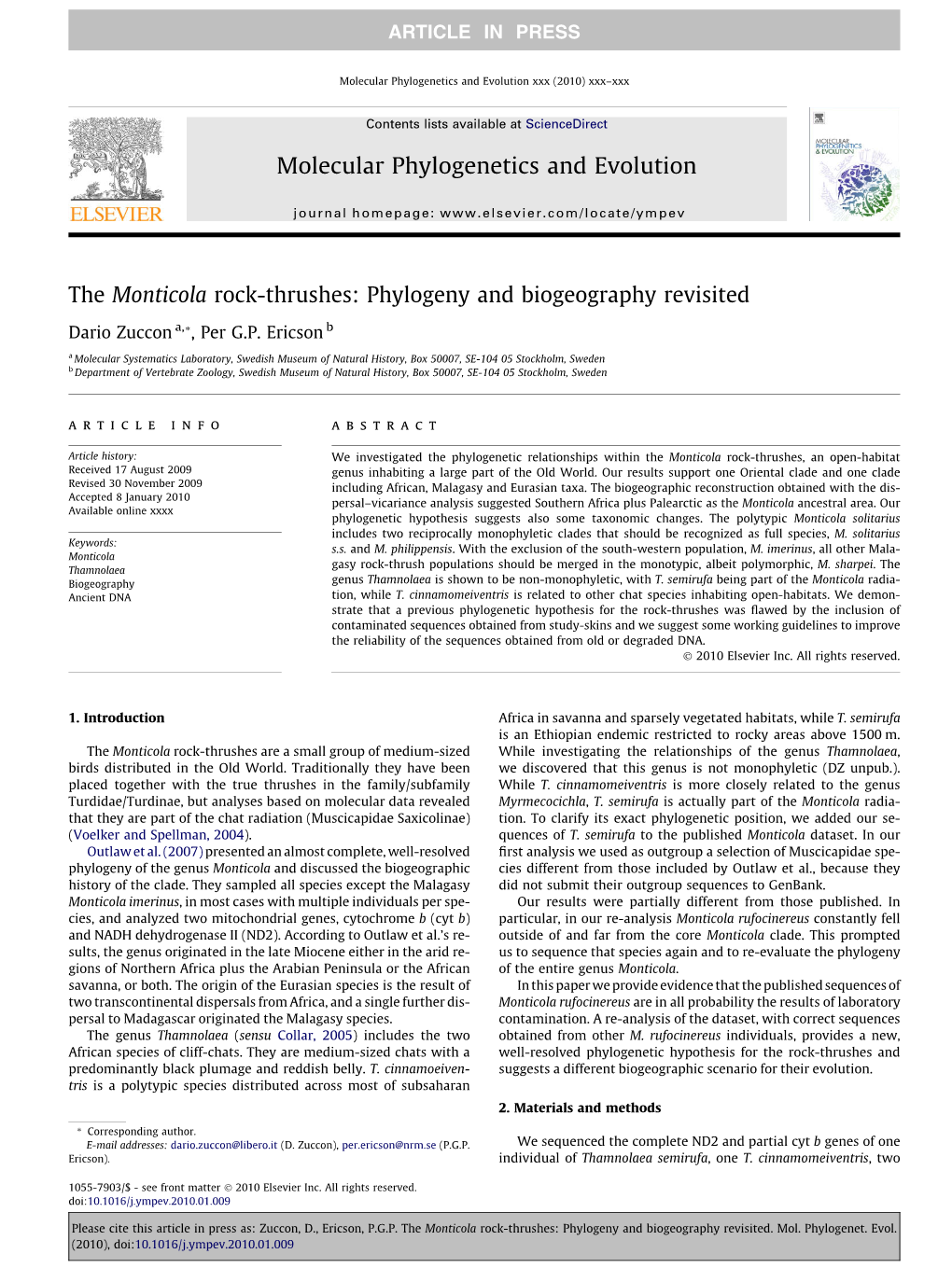 The Monticola Rock-Thrushes: Phylogeny and Biogeography Revisited