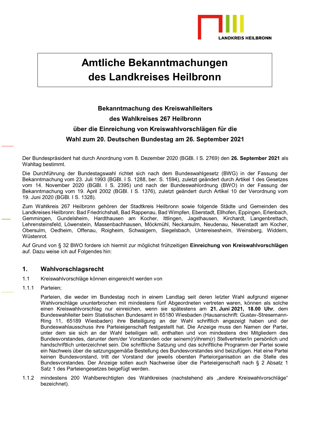 Amtliche Bekanntmachungen Des Landkreises Heilbronn