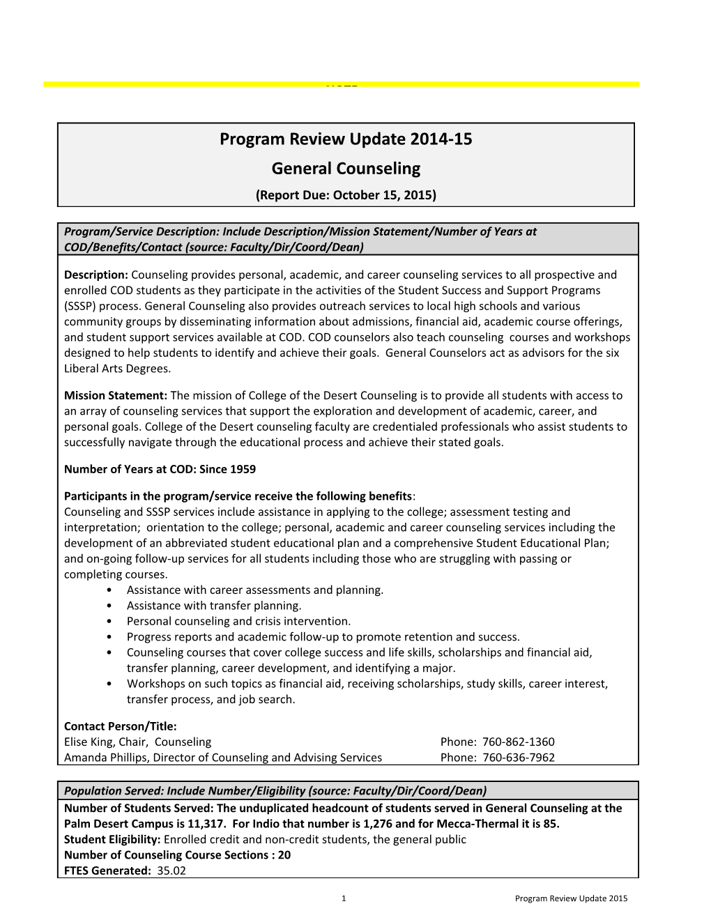 Program Review Update 2014-15