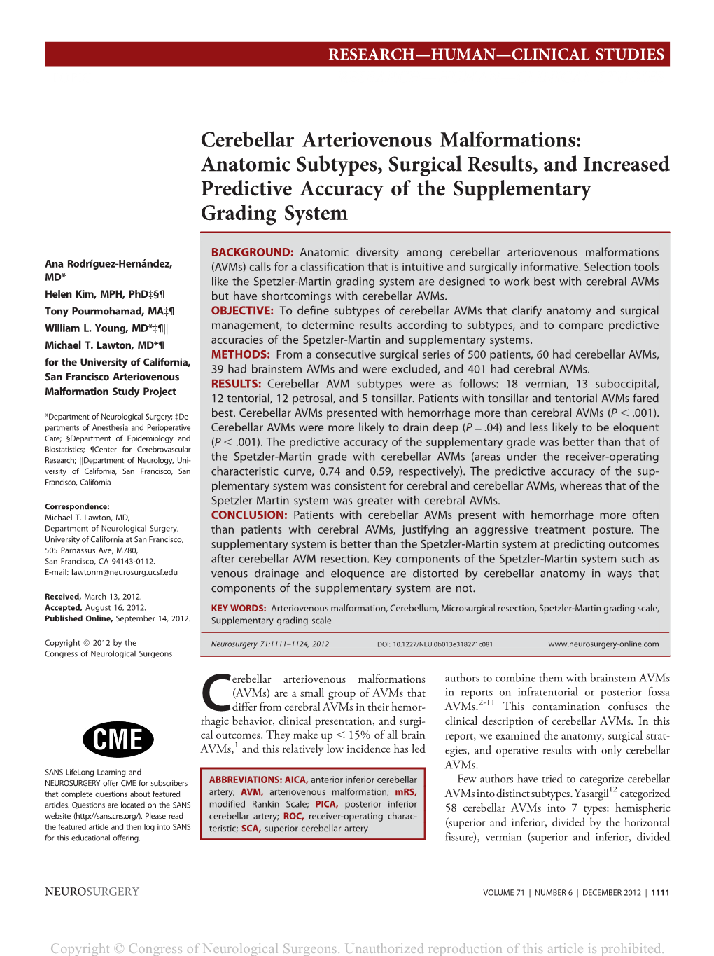 Cerebellar Arteriovenous Malformations: Anatomic Subtypes, Surgical Results, and Increased Predictive Accuracy of the Supplementary Grading System