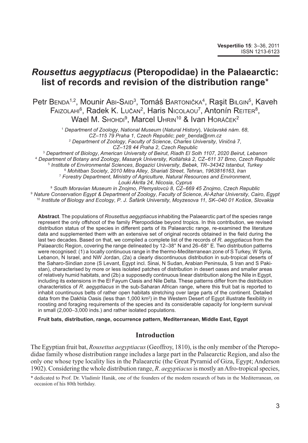 Rousettus Aegyptiacus (Pteropodidae) in the Palaearctic: List of Records and Revision of the Distribution Range*