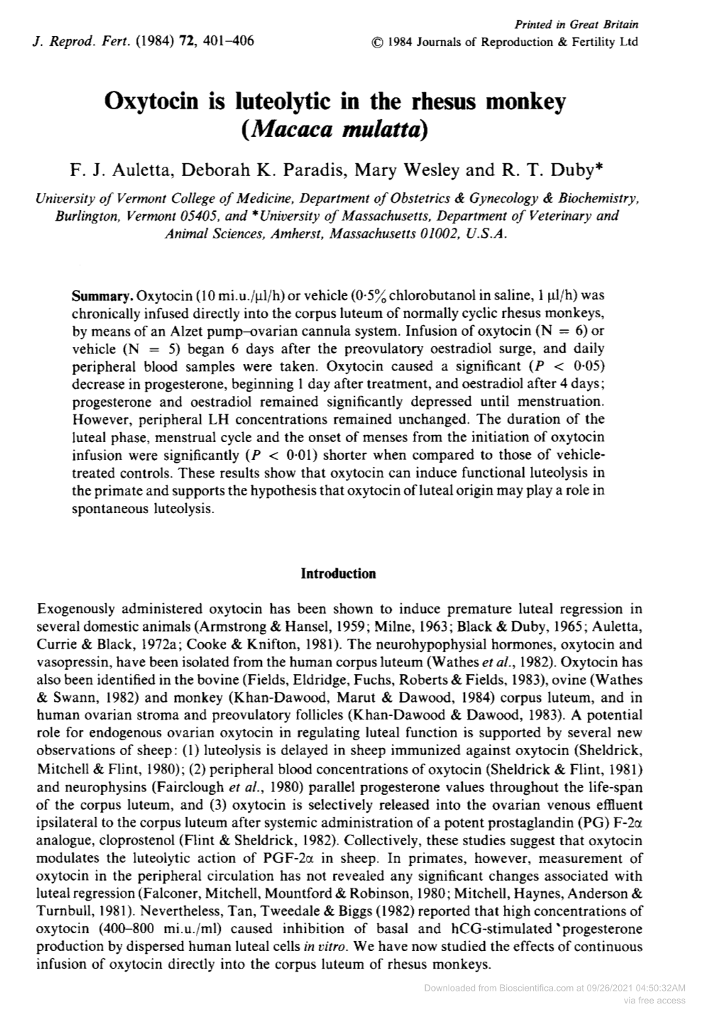 Oxytocin Is Luteolytic in the Rhesus Monkey (Macaca Mulatta) F