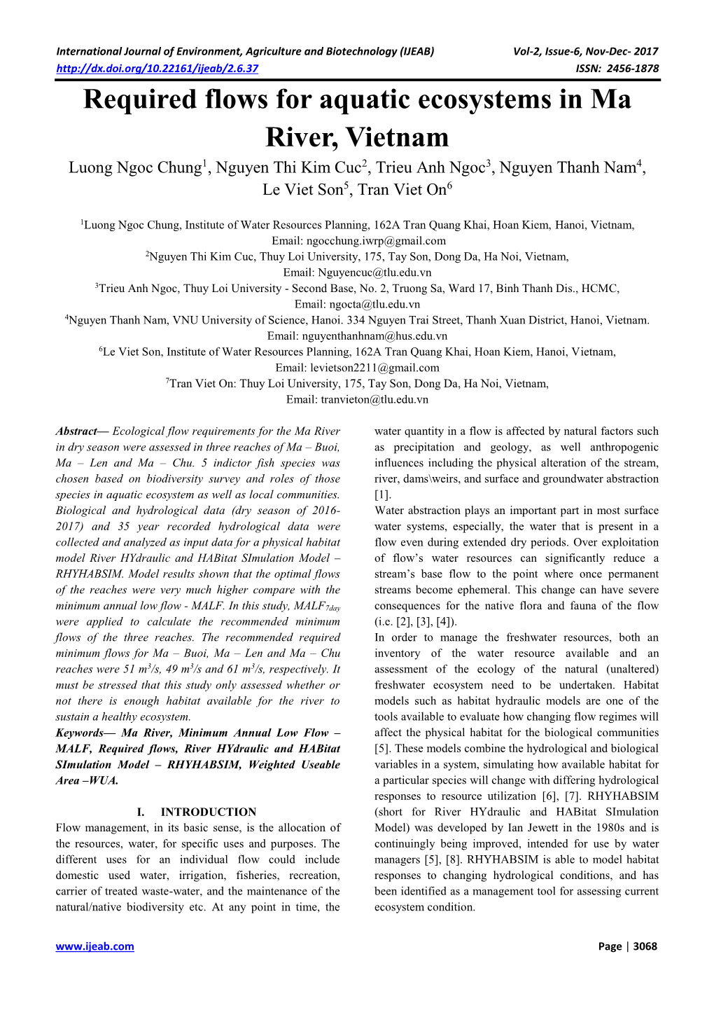 Required Flows for Aquatic Ecosystems in Ma River, Vietnam Luong Ngoc Chung1, Nguyen Thi Kim Cuc2, Trieu Anh Ngoc3, Nguyen Thanh Nam4, Le Viet Son5, Tran Viet On6