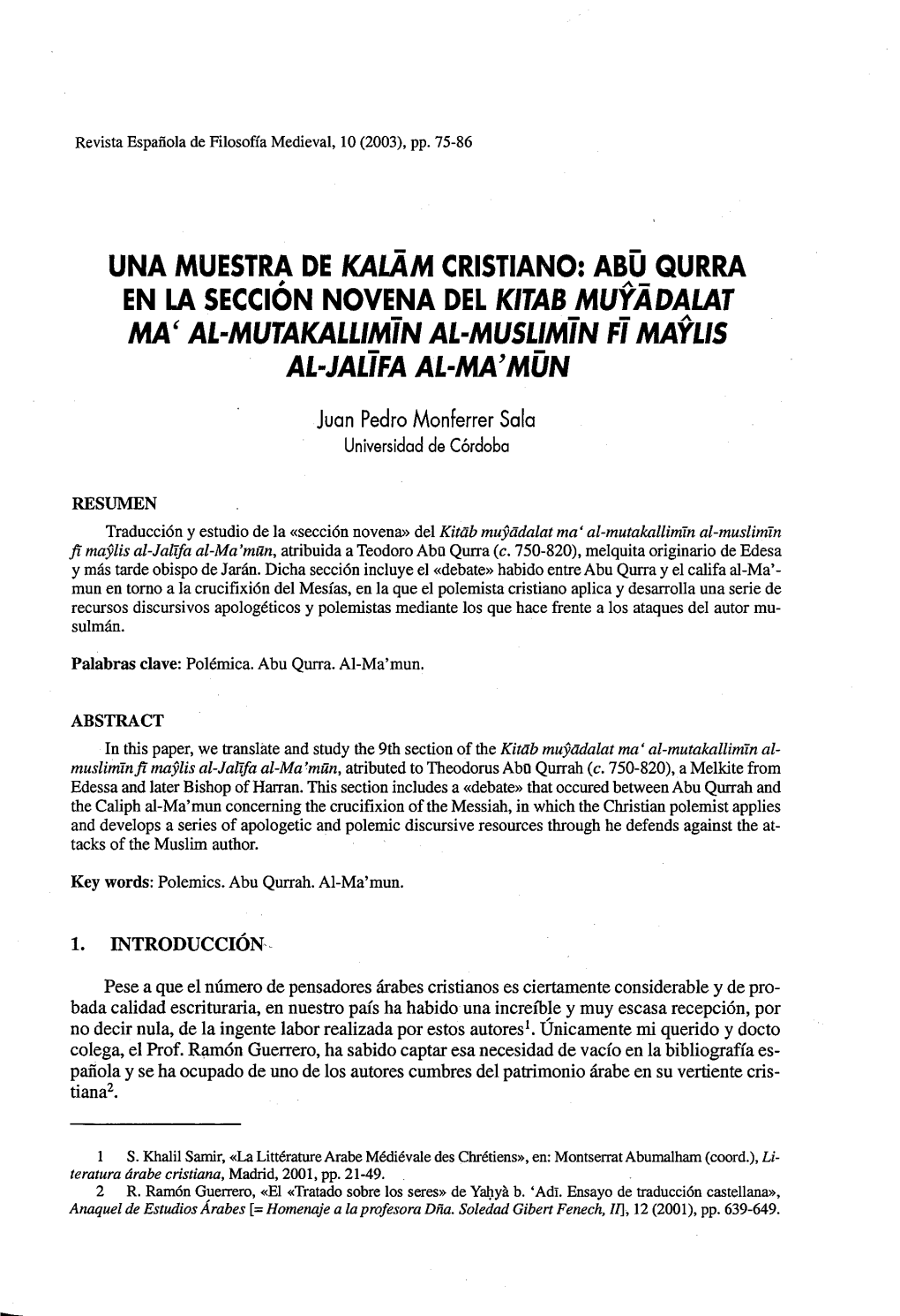 Una Muestra De Kalam Cristiano: Abu Qurra En La