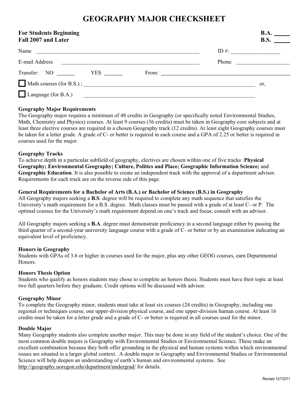 Geography Major Checksheet