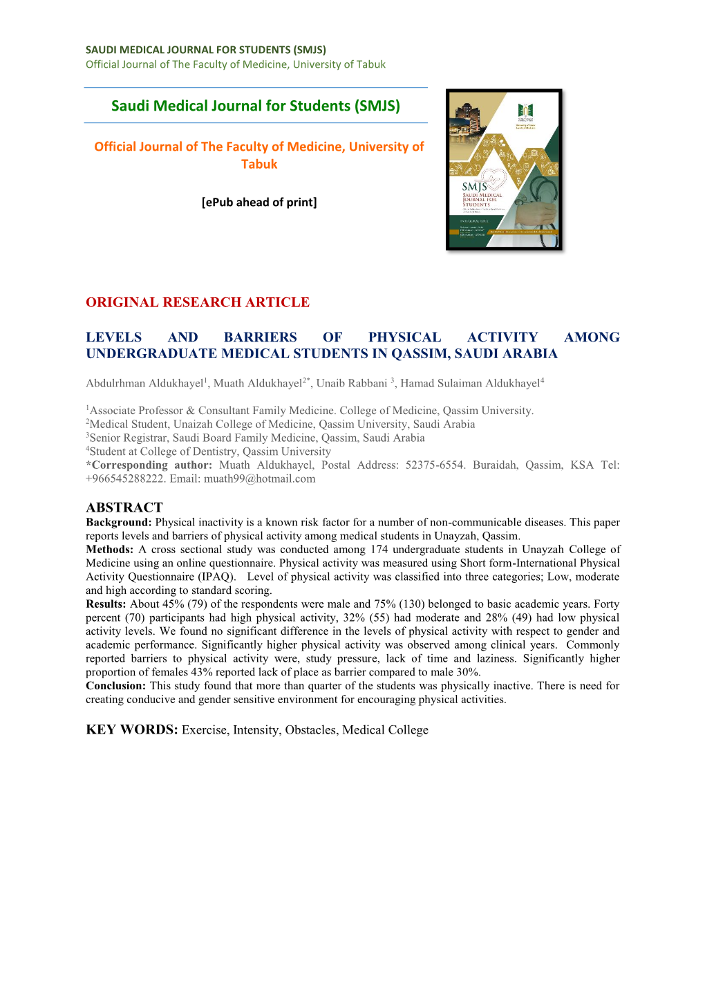 SAUDI MEDICAL JOURNAL for STUDENTS (SMJS) Official Journal of the Faculty of Medicine, University of Tabuk