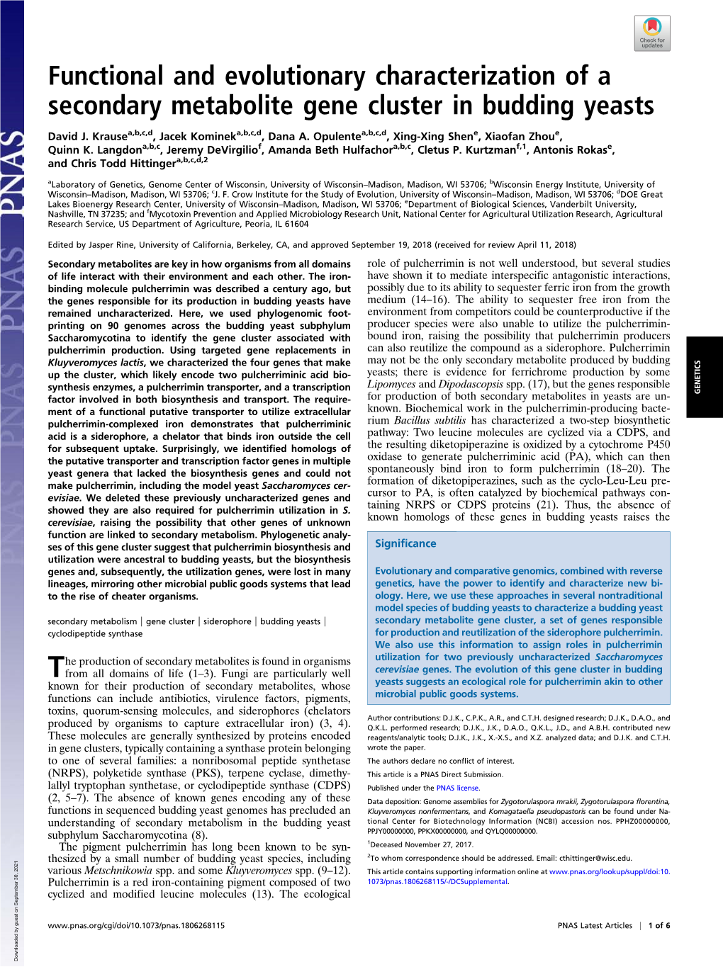 Functional and Evolutionary Characterization of a Secondary Metabolite Gene Cluster in Budding Yeasts