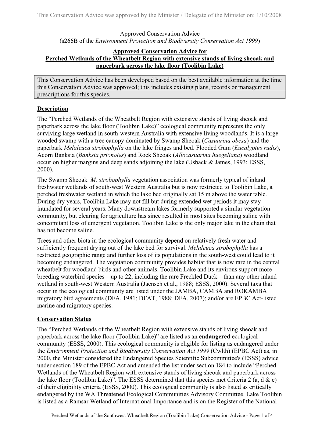 Approved Conservation Advice for Perched Wetlands of the Wheatbelt Region with Extensive Stands of Living Sheoak and Paperbark Across the Lake Floor (Toolibin Lake)