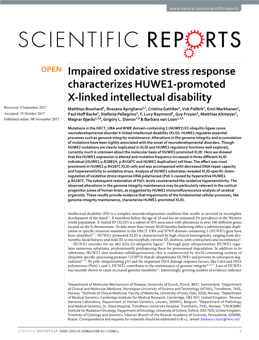 Impaired Oxidative Stress Response Characterizes HUWE1-Promoted X-Linked Intellectual Disability