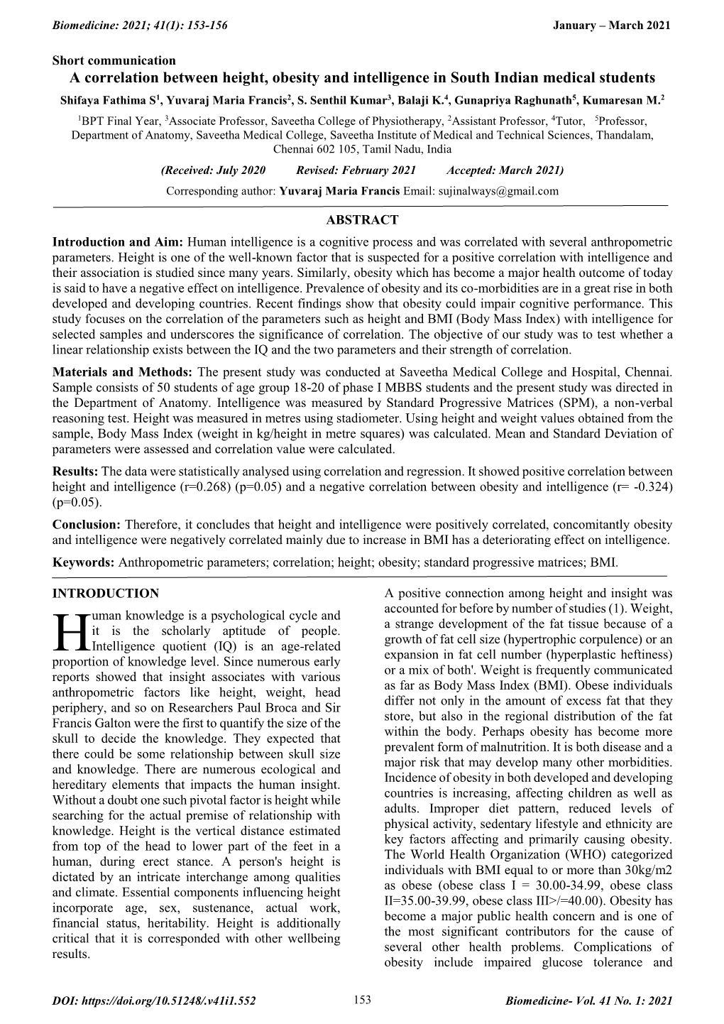 A Correlation Between Height, Obesity and Intelligence in South Indian Medical Students