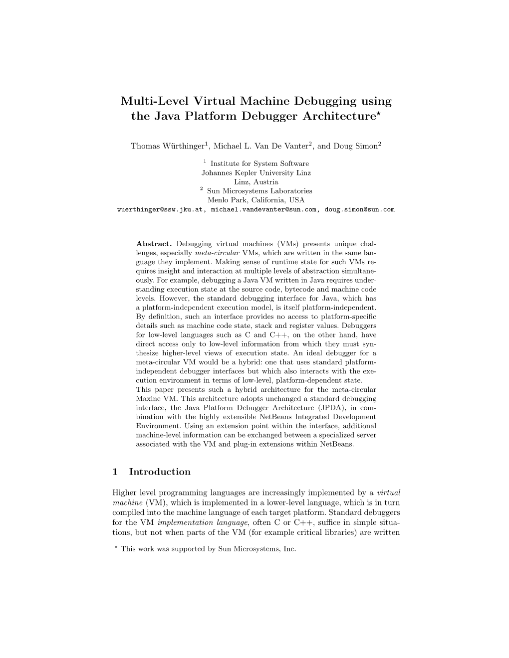 Multi-Level Virtual Machine Debugging Using the Java Platform Debugger Architecture⋆