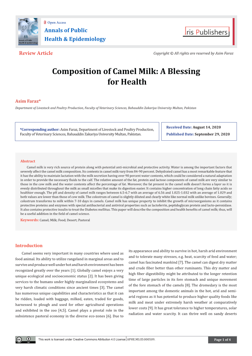 Composition of Camel Milk: a Blessing for Health