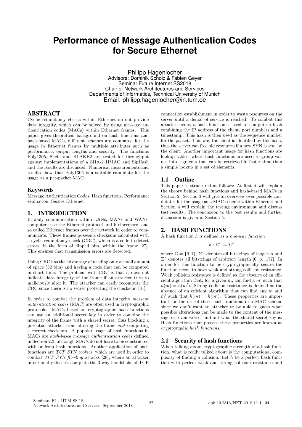 Performance of Message Authentication Codes for Secure Ethernet