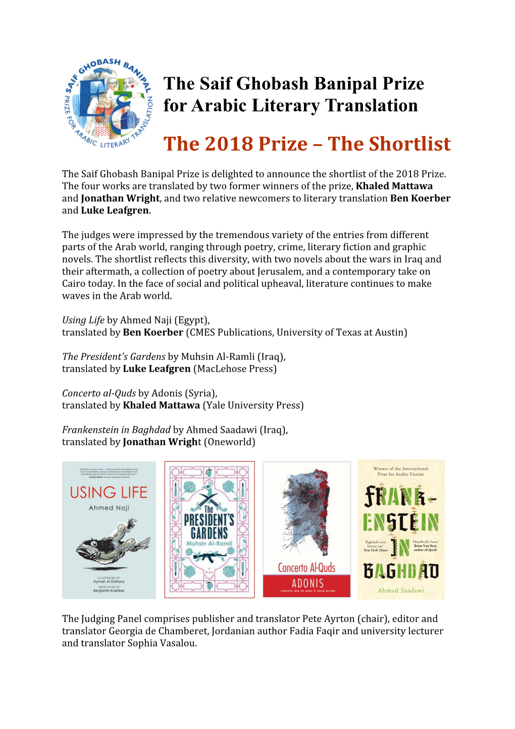 Saif Ghobash Banipal 2018 Prize Shortlist Announcement 10-12-18 R
