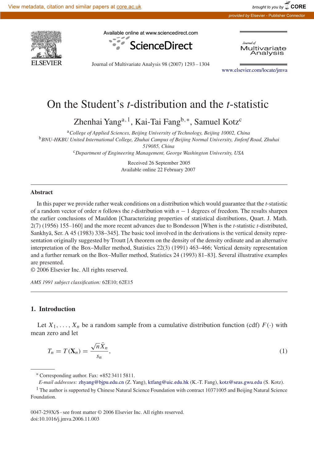 On the Student's T-Distribution and the T-Statistic