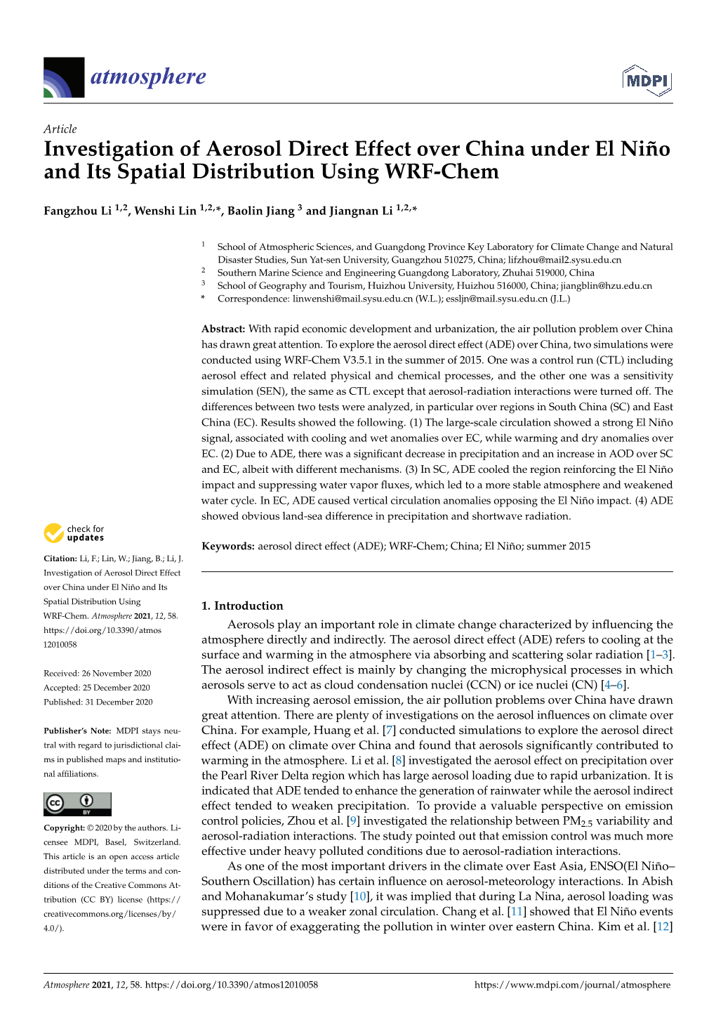 Investigation of Aerosol Direct Effect Over China Under El Niño and Its Spatial Distribution Using WRF-Chem